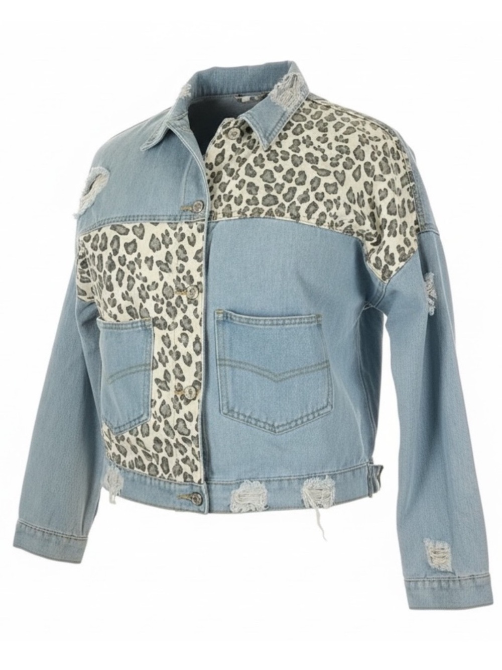 Y2K Leopard Patchwork Denim Jacket Cropped Distressed XL Streetwear - Picture 3 of 15